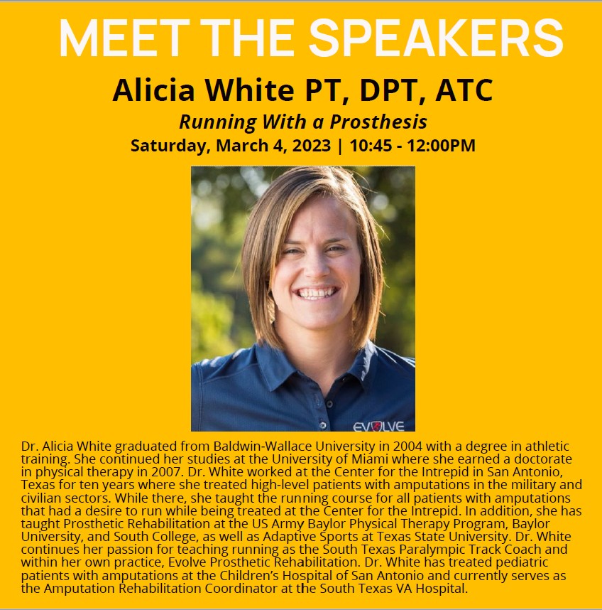 UofIowaRS's tweet photo. Meet the speakers part 5! We are excited to have Dr. Alicia White present on running with a prosthesis for our upcoming symposium. Registration will close March 1, so make sure to register on our website soon! https://t.co/7Qi5UeXN3n