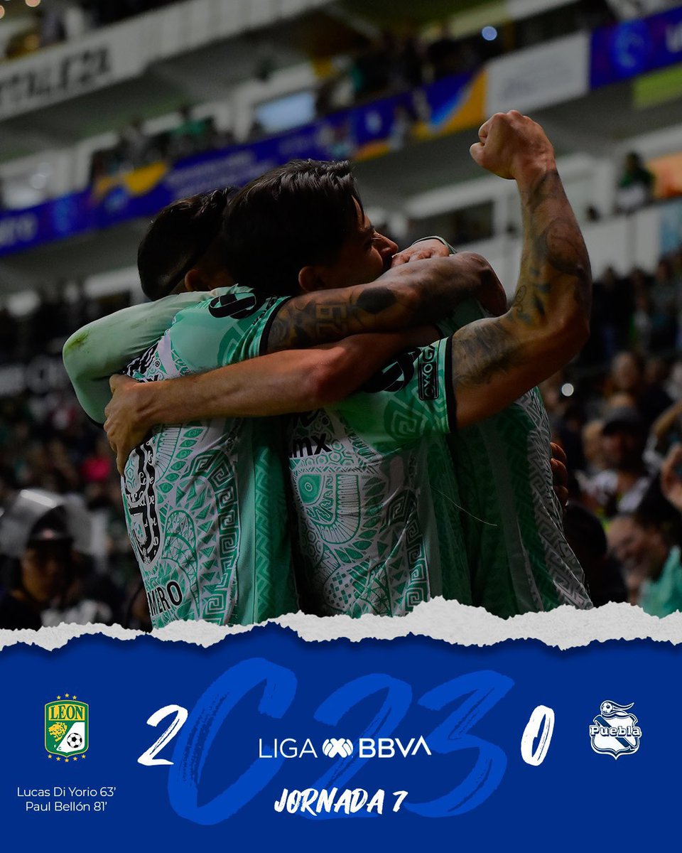 Con goles de Di Yorio y Bellón, el León derrotó 2-0 al Puebla en la cancha del Nou Camp. Larcamón se llevó el duelo ante su ex equipo.

La Fiera llega al quinto lugar con 10 puntos y la Franja se queda con 7 unidades en el lugar 14.