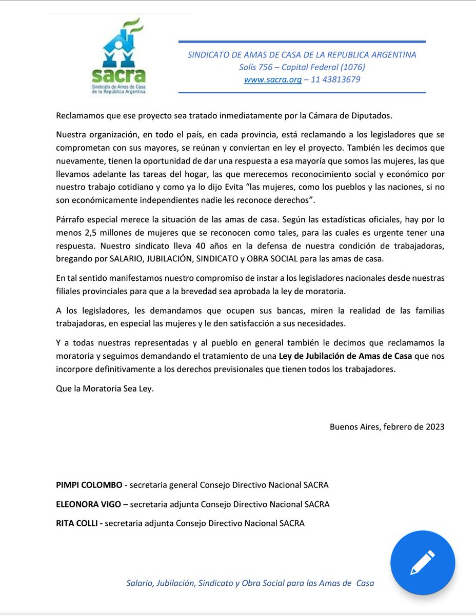 Desde #SACRA exigimos a lxs legisladorxs q den tratamiento y aprobación al proyecto de moratoria previsional, considerando que son las mujeres amas de casa las mayormente afectadas por no poder acceder a su derecho jubilatorio.
#moratoriaprevisional 
#jubilaciónparalasamasdecasa
