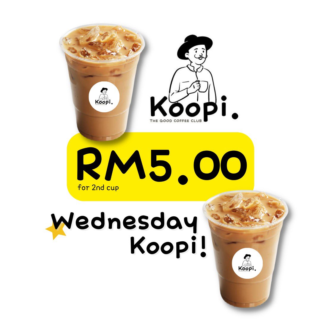 koopithecoffee's tweet photo. Bila satu minuman tidak cukup, dapatkan satu lagi adalah yang terbaik! Dapatkan minuman di Koopi dengan setiap belian ke-2 anda hanya pada RM5 setiap RABU.
Ada 10 pilihan minuman untuk dipilih 🤩
#koopithegoodcoffeeclub #koopi #coffeetime #wednesdaypromo #malaysia @ngopiss https://t.co/msZ161VEu7