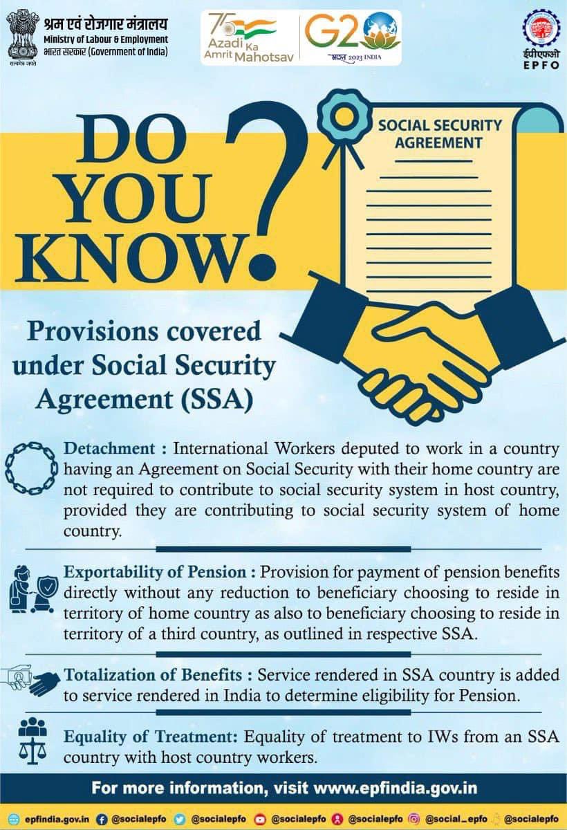 officialepfo's tweet photo. Provisions covered under Social Security Agreement (SSA) For International Workers.

#SocialSecurityAgreement #SSA #EPFO #AmritMahotsav #international #workers

@PMOIndia @byadavbjp @Rameswar_Teli @LabourMinistry @mygovindia @MIB_India @PIB_India @AmritMahotsav https://t.co/rWIibUyxsn