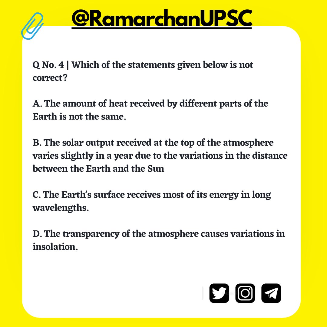 polityias555's tweet photo. Question No.
- 02
- 03
- 04
- 05
Answers calmly and try not to get Wrong anyone of them.
#UPSCAspirants #currentaffairs #PSCs #nevergiveup #ias #ips #upsc_motivation #aspirants #currentaffairs #civilservices #pcs #facts #StatePSCs #updates #upscquestions #upscprelims2023 https://t.co/Uea1ceLSQz