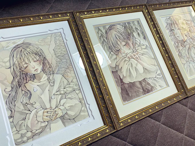名古屋個展に連れていく子達だよ大きい原画は全部で11点!ミニ原画も連れてく予定〜!額装めちゃくちゃ可愛い 