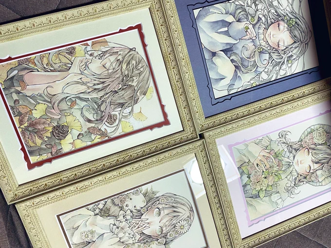 名古屋個展に連れていく子達だよ大きい原画は全部で11点!ミニ原画も連れてく予定〜!額装めちゃくちゃ可愛い 
