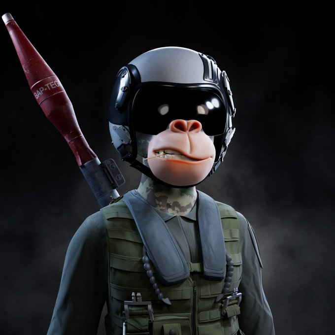 TankMan33169's tweet photo. ➡️What is a @BullsApesProj Dynamic NFT?

➡️It is an NFT that you can change all aspects of it

➡️Here I started with a camo body ape and added a flight suit and pilot helmet

➡️Then changed out the facial expression with a cigar

➡️Then swapped the cigar for a toothpick

➡️Then added a rocket launcher

➡️There are no limits and every aspect of the Ape can be changed. Fur, eyes, facial expression, clothing, and accessories to name a few

➡️All done on our website then minted as a new NFT that lives on the blockchain

🚀Oh and you can change it even after minting over and over again