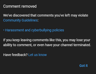 lol imagine being so pissed off at a single youtube comment that you report it for harassment