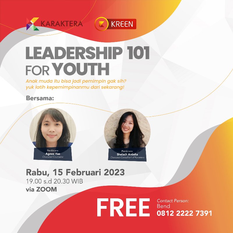 eunikajustine1's tweet photo. Yuk latih kepemimpinan kamu bersama Karaktera! webinar kali ini membahas Leadership 101 for Youth 🤩

🎟️https://t.co/Z2jp5HBrde

#infowebinar #leadership #publicspeaking #trending #webinar2023 https://t.co/vzpFDwekYB