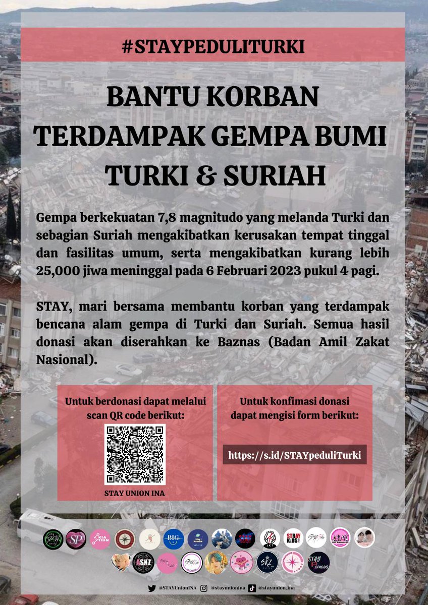 STAYUnionINA's tweet photo. ‼️ DARURAT ‼️
Sebagai bentuk simpati dan kemanusiaan kami terhadap korban #GempaTurki
@STAYUnionINA mengajak #STAY untuk melakukan donasi yang akan disalurkan langsung ke @baznasindonesia
Detail donasi terlampir pada gform dan poster berikut.

G-Form : https://t.co/t3ncViMuCC https://t.co/HFv9gYETMm