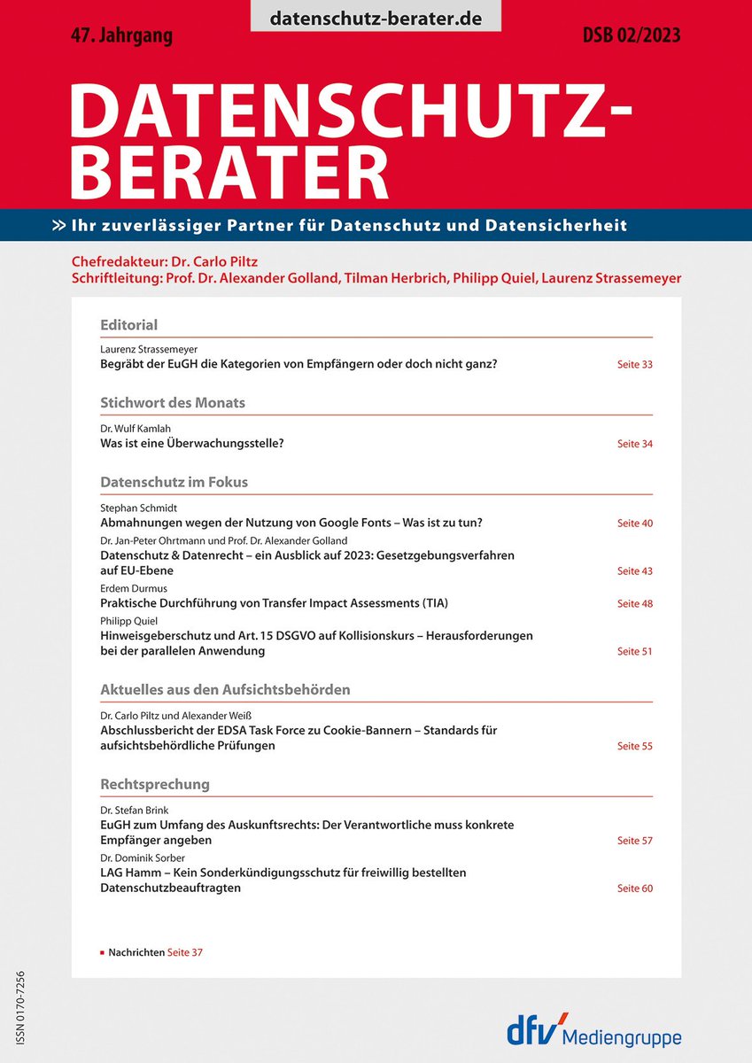 Unser Heft 3 ist erschienen. U.a. mit einem Beitrag des ehemaligen LfDI Ba-Wü zum EuGH-Urteil zu Art. 15 Abs. 1 lit. c DSGVO. Das Editorial kommt von <a href="/laurenzstr/">Laurenz Strassemeyer</a>. Die weiteren Beiträge wurden u.a. von <a href="/stephanschmidt/">Stephan Schmidt</a> <a href="/golland_privacy/">Alexander Golland</a> <a href="/erdem_dms/">Erdem Durmus</a> <a href="/PhilippQuiel/">Philipp Quiel</a> <a href="/CarloPiltz/">Dr. Carlo Piltz</a> verfasst.