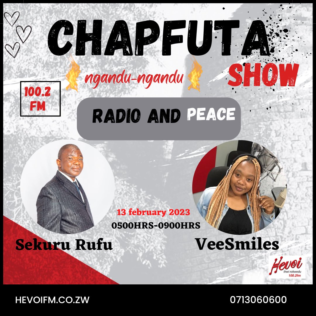 HevoiFm's tweet photo. Chapfuta, ngandu-ngandu 🔥with VeeSmiles and Sekuru Rufu. Lets celebrate in style.
#showshuffle
#WorldRadioDay2023
#hevoifm https://t.co/kbt8pTLkKp