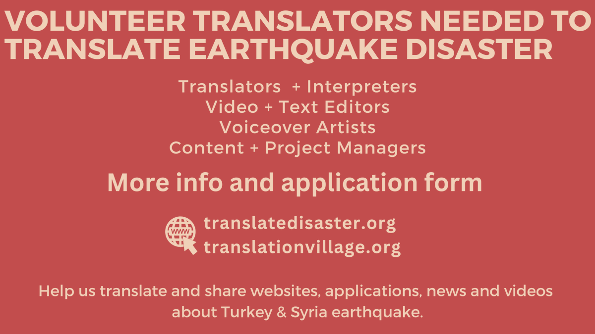 cevirikoyu's tweet photo. We call for volunteer translators, interpreters, video &amp; text editors, voiceover artists, content &amp; project managers to translate websites, applications, news &amp; videos about #EarthquakeTurkeySyria @translatedisas1
APPLY: https://t.co/ndiriQaAx1 #translatedisaster  #depremceviri https://t.co/W40NlwTbk0