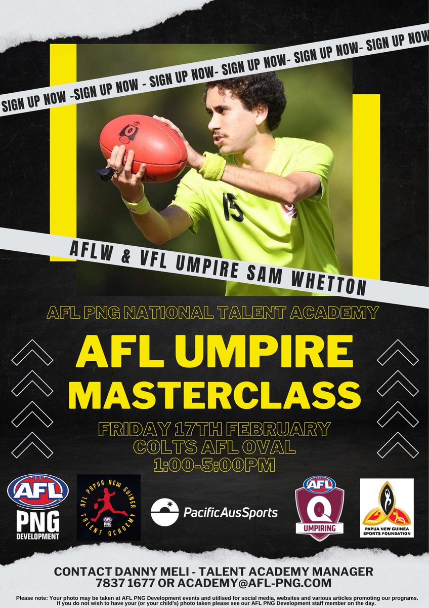 Huge news to kick start 2023! 

The AFL PNG National Talent Academy are hosting an AFL Umpiring Masterclass with AFLW &amp; VFL umpire Sam Whetton. 

Contact us at academy@afl-png.com to register your spot. 

#PacificAusSport #UmpireAFL #PNGTalent