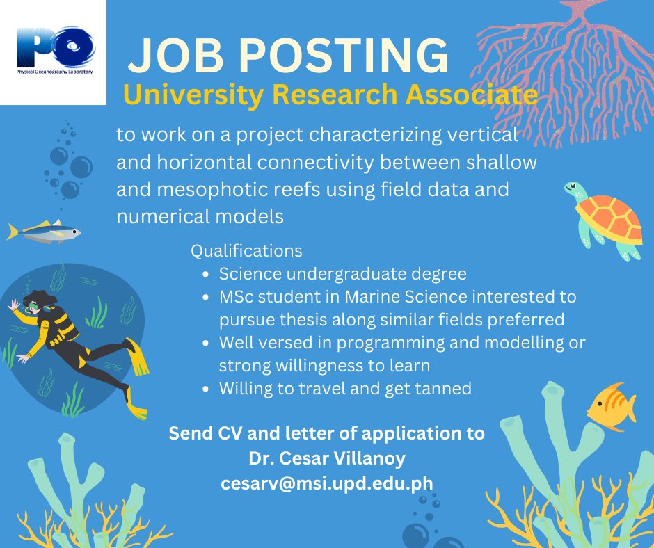 aikoloks's tweet image. Physical Oceanography Lab is hiring! We&apos;re looking for someone to work as a university research associate to work on a project characterizing vertical and horizontal connectivity between shallow and mesophotic reefs using field data and numerical models.
#sciencechatph