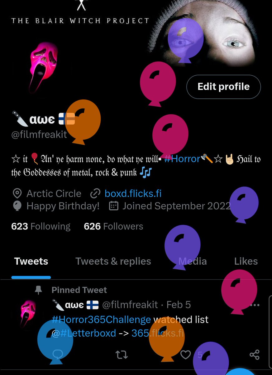 FreaksFi's tweet photo. 🎈🤡 It's My Birthday! 🎉🥳
*13th Feb* and
yes, it was Friday when I was born! Lucky me 🖤🖤
oh and Good morning all!!
#birthday #HAPPYBIRTHDAY #HBD #Feb13th #horrorfan https://t.co/a0oaagTs9o