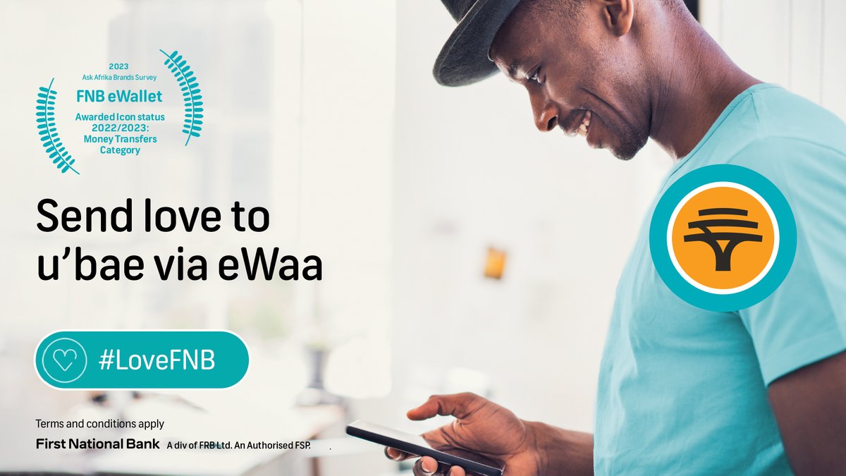 FNBSA's tweet photo. Send u'bae wakho an eWaa to spoil themselves.

They can shop at selected Spar tills and TotalEnergies, without needing to withdraw cash 👉https://t.co/rhukv73RY2

𝗥𝗲𝗽𝗹𝘆 using #LoveFNB and tell us how you would use an eWaa and you could win a voucher up to the value of R750 https://t.co/z8HQdjX4XE