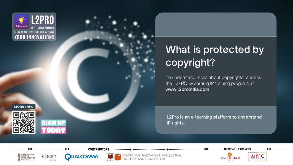 l2pro_india's tweet photo. #Copyrights can be an asset to your start-up. Copyright protects your #softwarecode against unauthorized copying. 
To understand more about copyrights, access the L2PRO e-learning IP training program at https://t.co/4ewz2cqbyi  

#l2pro #L2ProIndia #startups #innovation https://t.co/ss2eqEHaU5