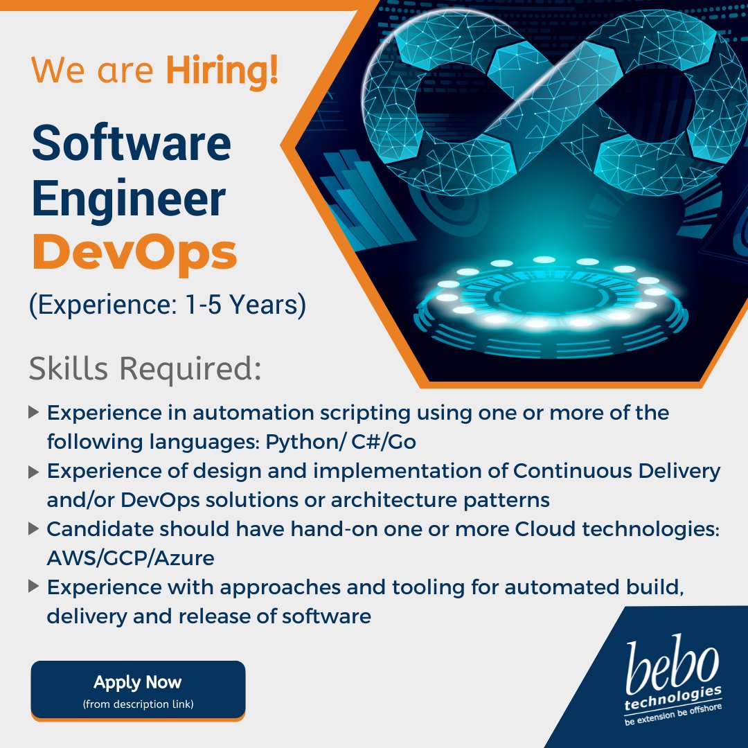 bebotechchd's tweet photo. Join bebo Technologies and work with a team of expert software development and QA engineers, and have a healthy balance between your professional and social life.
Apply Here: https://t.co/3gFWpVLQOB
#devops #devopsengineer #devopsjobs #devopshiring #bebotechnologies https://t.co/tuGtPTGK2C