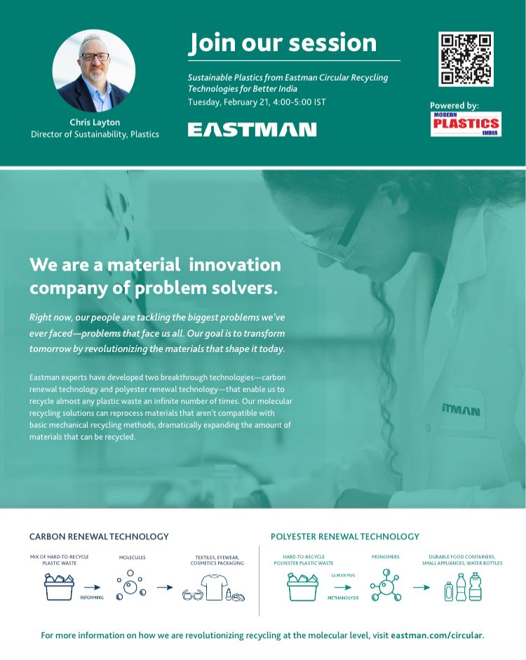 AnaghaSalviCD's tweet photo. Webinar Sustainable Plastics from Eastman Circular Recycling Technologies for Better India #Modernplastics 
When: Feb 21, 2023 03:30 PM India | Where: Zoom Platform  Register in advance for this webinar:
https://t.co/LiJpC7stKL
Reference: Modern Plastics India/ Modern Plastics https://t.co/7aLlTV0AP4