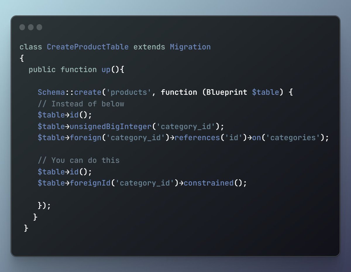 chwaqascom's tweet photo. ℹ️ The foriegnId() method in Laravel makes it simple to create a new database column. 
It automatically creates a column with an UNSIGNED BIGINT type, which means you don't have to create it yourself. #Laravel #PHP https://t.co/yVGYfn0vdQ