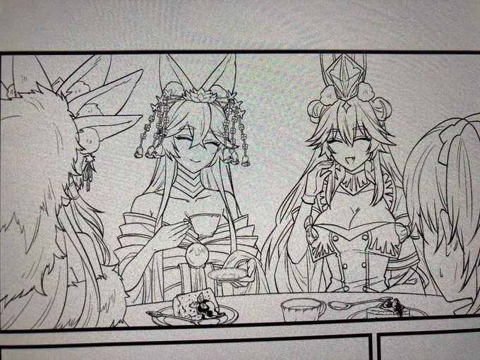 昨日はこのコマ描き終わったところで集中力切れて詰まって止まったんだけど、やっぱ玉藻族の作画コスト高すぎなんよ 
