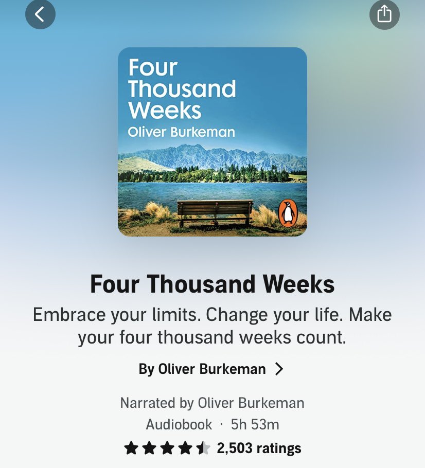 Fruitsforest16's tweet photo. I have just finished this book and urge you to listen to it! Certainly makes you think! I have around 1400 weeks left if I’m lucky and although I’m pretty content I certainly need to take heed and start living a bit more! Time is short! #halftermread @oliverburkeman https://t.co/ivFMlpyS4X