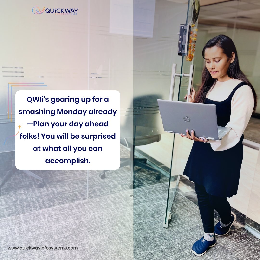 qwi_officials's tweet photo. QWIi's gearing up for a smashing Monday already -Plan your day ahead folks! You will be surprised at what all you can accomplish.
#Quickway #monday #socialmedia #folks #websitedesign #mobileappdesign #webdevelopment #softwareengineer https://t.co/Qr1yzEPNgI