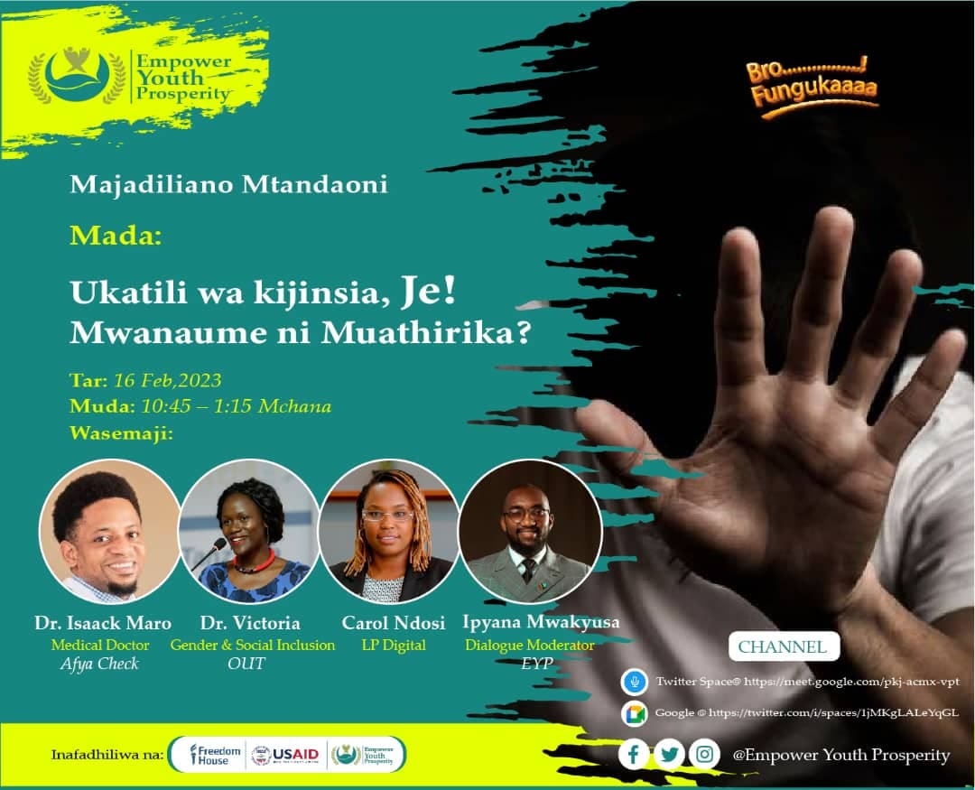 Je Mwaume naye ni muathirika wa ukatili wa kijinsia?
Basi shiriki pamoja nasi katika Mdahalo huu kabambe  mtandaoni kupitia Google Meeting na twitter space 16.02.2023.
<a href="/PactTanzania/">Pact Tanzania</a> <a href="/USAIDTanzania/">USAIDTanzania</a> <a href="/CarolNdosi/">CarolNdosi</a> <a href="/Dr_DGwajima/">Dr. Dorothy Gwajima</a> <a href="/ummymwalimu/">Ummy Mwalimu</a> <a href="/MsichanaUwezo/">Msichana Initiative</a> <a href="/UmojaWaMataifa/">Umoja wa Mataifa</a> <a href="/THRDCOALITION/">THRDCOALITION</a>