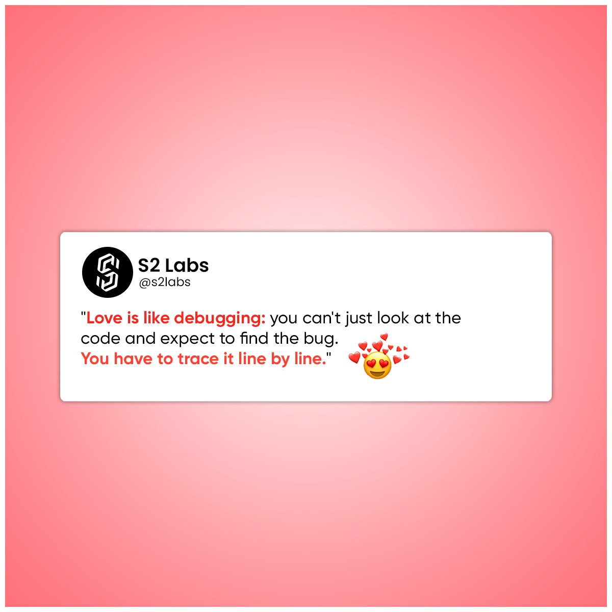 s2_labs's tweet photo. "Debugging is like being the detective in a crime movie where you are also the murderer."
#salesforce #salesforcememe #hugday #hugdayspecial #valentineweek #hugs #officememes #officevalentines #developerslife #chocolateday #chocolatedayspecial #valentinesweek #kissday https://t.co/3HI79NBwmF