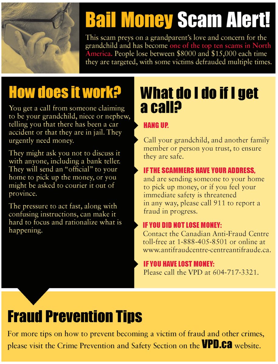 #BailMoneyScam targets Seniors.
If you’re a #senior or you have a senior in your life, please share this information. Victims are losing between $8000 and $15,000 each time they are targeted, with some victims defrauded multiple times. 
 #scams #seniorscams #fraud #Crime #safety