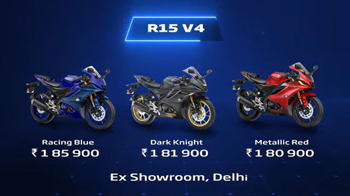 carandbike's tweet image. The 2023 Yamaha R15 range also gets updated. 

2023 Yamaha R15 V4 👇
Metallic Red- ₹1,80,900
Dark Knight- ₹ 1,81,900 
Racing Blue- ₹1,85,900 

The 2023 Yamaha R15M is priced at ₹1,93,900 

(All prices ex-showroom). 

#CallOfTheBlue #YamahaIndia
