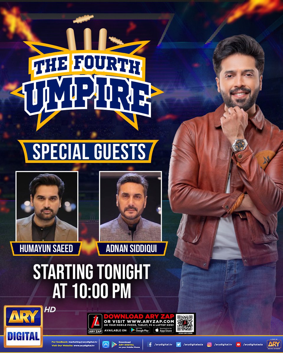 #TheFourthUmpire - a PSL Special Show hosted by your favorite Fahad Mustafa (throughout PSL) Starting Tonight with special guests Humayun Saeed and Adnan Siddiqui 🤩 Tune in at 10:00 PM - only on #ARYDigital #FahadMustafa #HBLPSL8 #Cricket #HumayunSaeed #AdnanSiddiqui