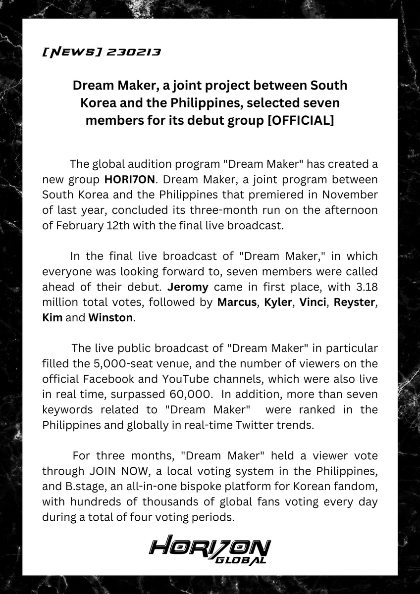 HORI7ONGLOBAL's tweet photo. 📢 [NEWS] 230213
"Dream Maker, a joint project between South Korea and the Philippines, selected seven members for its debut group"

🔗 https://t.co/MIQvbLY2fG

#HORI7ON #호라이즌 #ホライズン https://t.co/hTeT04ODp8