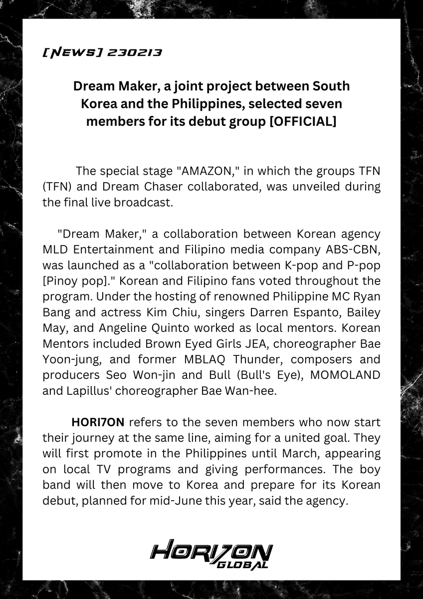 HORI7ONGLOBAL's tweet photo. 📢 [NEWS] 230213
"Dream Maker, a joint project between South Korea and the Philippines, selected seven members for its debut group"

🔗 https://t.co/MIQvbLY2fG

#HORI7ON #호라이즌 #ホライズン https://t.co/hTeT04ODp8