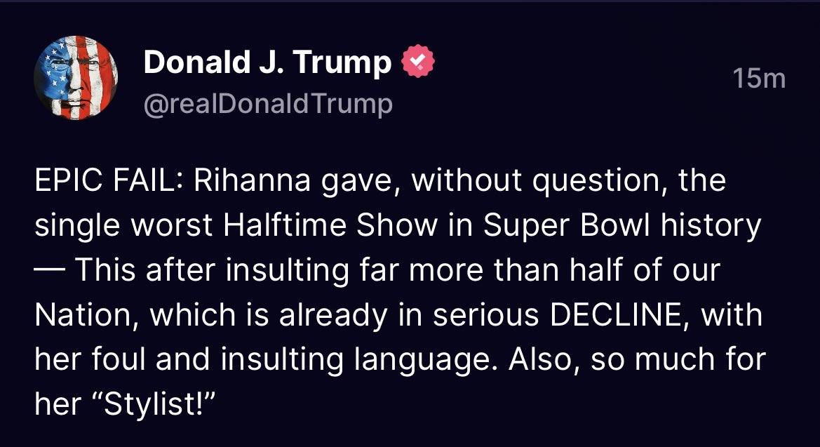 redamor_'s tweet photo. Trump on Rihanna’s half time show https://t.co/KIiBdaEqsx