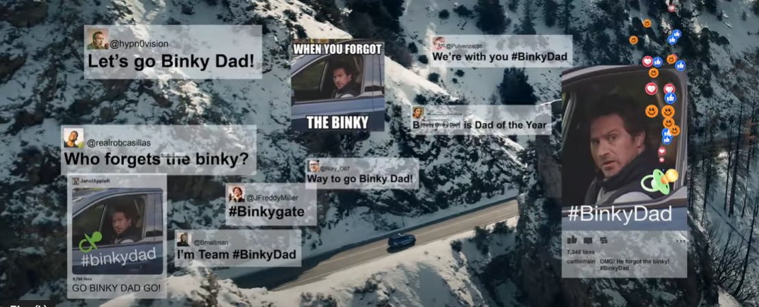 LaurelAynne's tweet image. I think @kia knows that all parents and caregivers have felt like #BinkyDad at some point. Nice (albeit outlandish) ad for this year’s #KiaTellurideXPro. 👶 #ICMKTG #WVU389 #SBAds #brandbowl #AdBowl #KelloggBowl #TXAdPrBowl