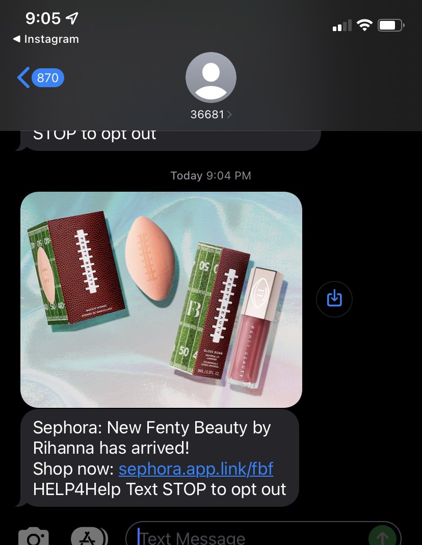 JHamlin's tweet photo. @LaurelAynne Well played RiRi! Just got a text post #SuperBowl #HalftimeShow from @Sephora launching her new products. ##brandbowl https://t.co/HO8xcG6bhB
