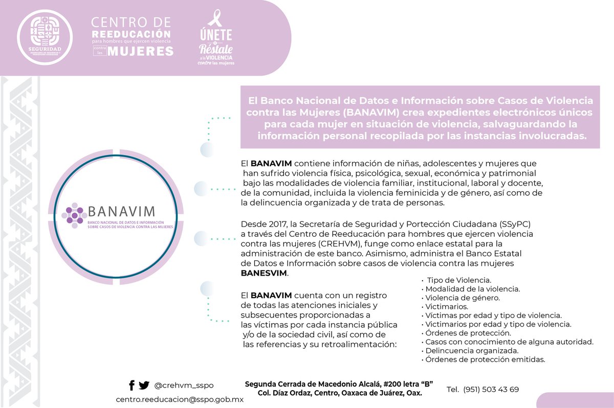 crehvm_sspo's tweet photo. 🟠 #Sabíasque desde 2017, la @SSPC_GobOax  
a través del @crehvm_sspo, funge como enlace estatal para la 
administración del Banco Nacional de Datos e Información sobre casos de Violencia Contra las Mujeres #BANAVIM. Así mismo, administra el Banco Estatal #BANESVIM. #Oaxaca https://t.co/VluUVVph0G