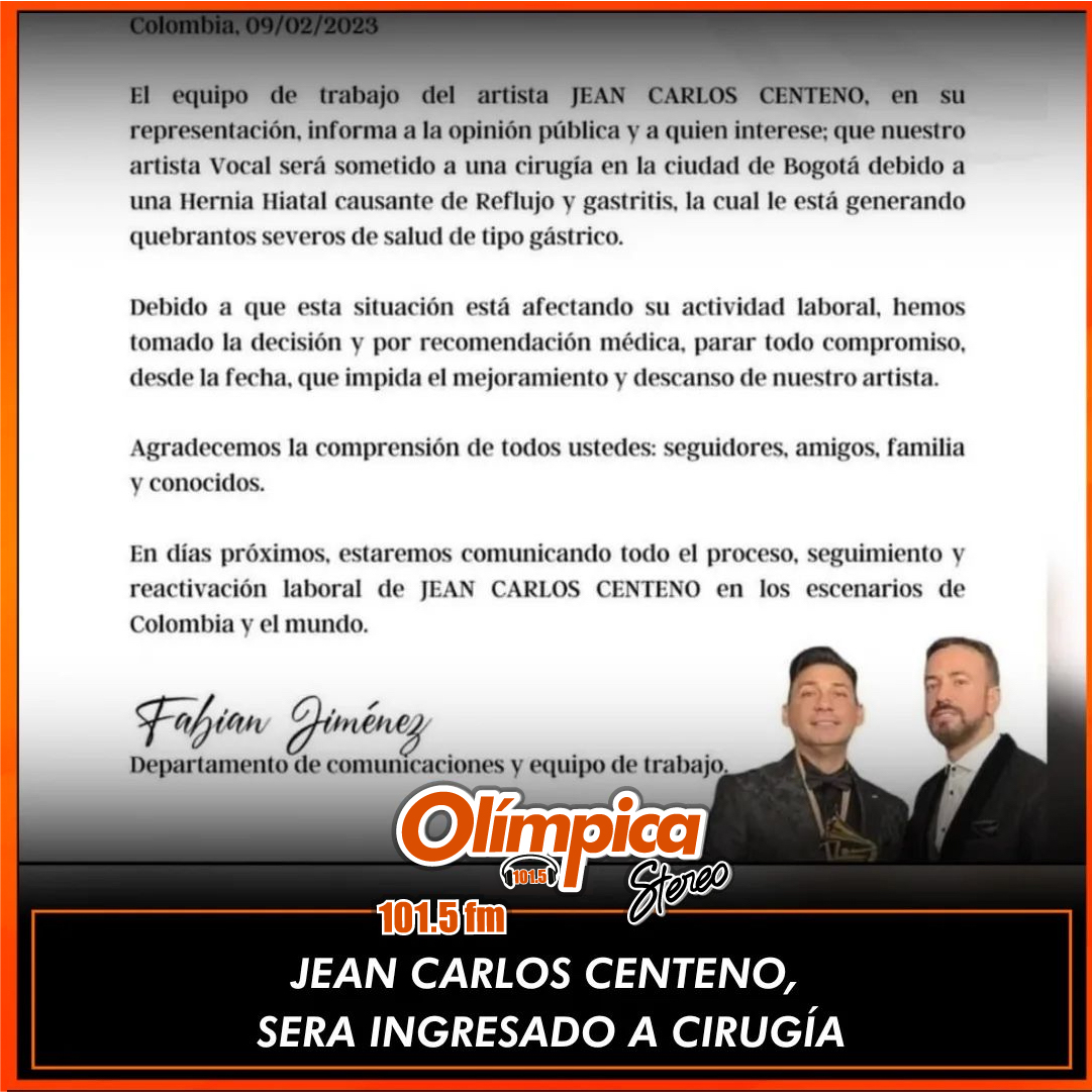 Comunicado de prensa, de acuerdo a la salud del artista de vallenato <a href="/JEANKCENTENO/">Jean Carlos Centeno</a> 

#jeancarloscenteno #jeankcenteno #vallenato #vallenatos #siesvallenatoesolímpicastereo #yoescuchoolimpicastereo #yoescuchoolimpica #olimpicastereo