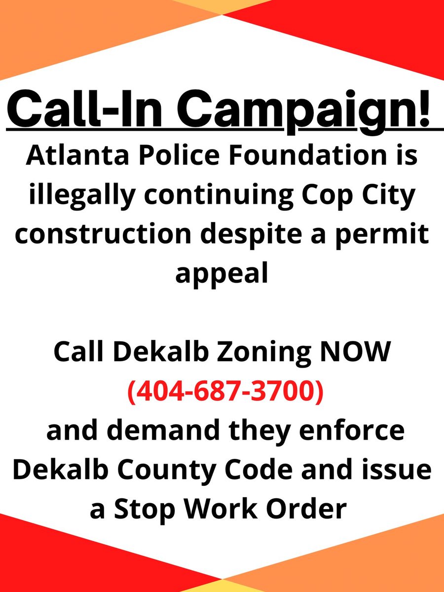 defendATLforest's tweet photo. #STOPCOPCITY CALL IN CAMPAIGN!
Demand Dekalb Co. issue a stop work order following legal appeal to permitting. 
Call 404-687-3700 https://t.co/zEPdvpbOUE