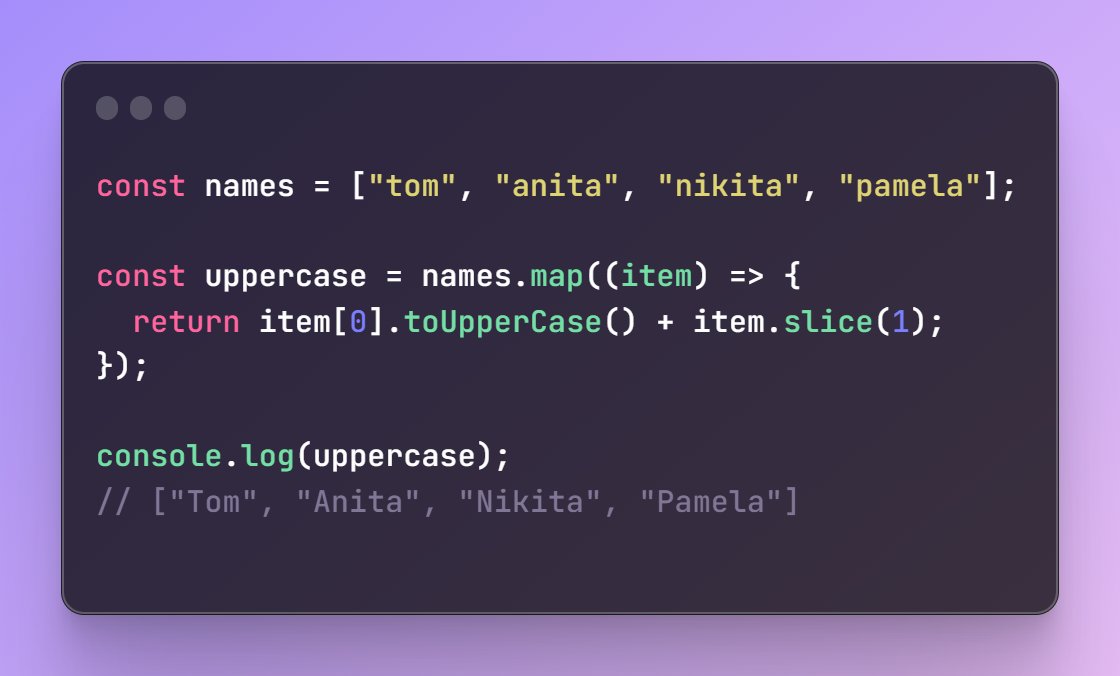 tryRajdeep's tweet photo. Easy Javascript challenge: Given an array of strings, return an array of first letter of each string is capitalized.

#javascript #100DaysOfCode #coding #problemsolving https://t.co/Pcto8u2DHb