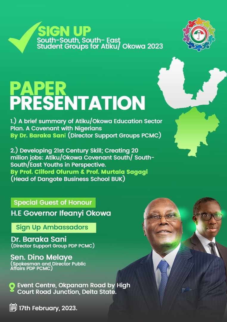 Ubando001's tweet photo. Join us in Asaba, Delta State, on the 17th of February, 2023. As Director (Volunteer) Support Groups, Dr. Baraka Sani @SenBaraka unveils the 4th edition of the Students Sign-Up For Atiku/Okowa 2023 scheduled for South South and South East. #BarakaIsWorking. https://t.co/cR4w1tzqkE