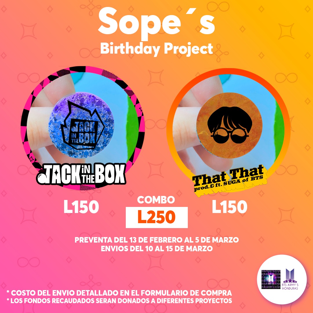 BTS_016Honduras's tweet photo. ARMYs HONDURAS 🇭🇳

Únete a este proyecto de donación para los cumpleaños de J-Hope y Suga!!

DONACIÓN SOPE 2023 ✨️

¿Cómo participar?
Participas con la compra de un pin coleccionable
⬇️⬇️⬇️
+ https://t.co/rqeMFyacfu