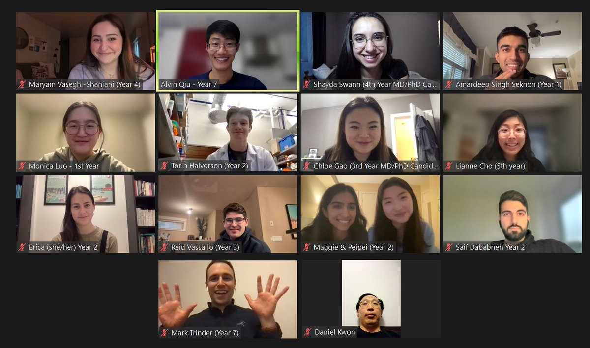 alvinqiu's tweet photo. Got to meet some of the prospective students at our virtual @UBCmedicine MD/PhD applicant dinner. Here's a group picture of some of the current Year 1-Year 7 students right before our virtual dinner! 

#MedTwitter #mdphd https://t.co/hFnT4EtExV
