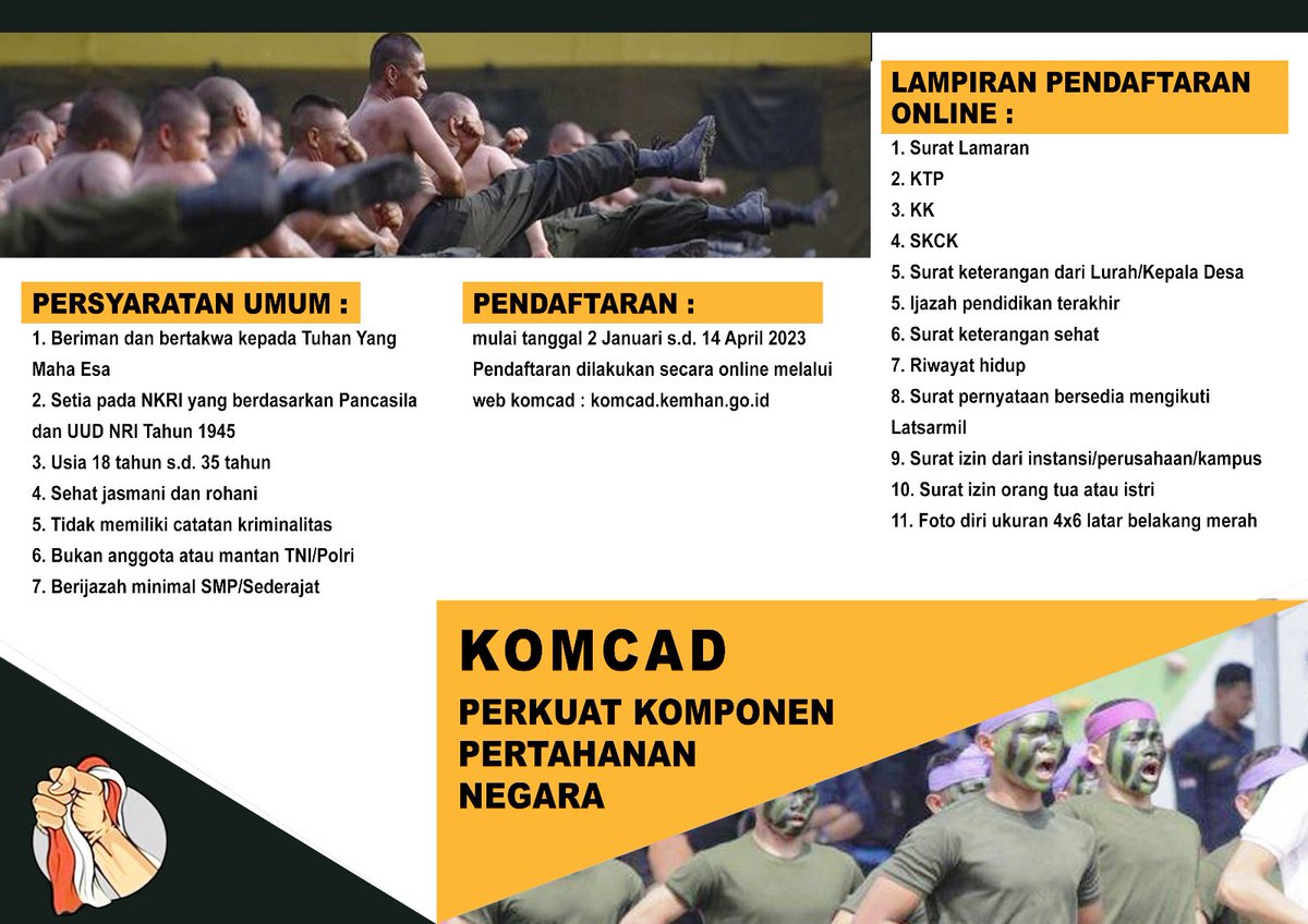 Kodam9Udayana's tweet image. OPEN RECRUITMENT KOMPONEN CADANGAN MATRA DARAT TA. 2023

#OpenRecruitment #PenerimaanKomcad2023 #Komcad #Komcad2023 #KomcadMatraDarat #KomcadUdayana #KomponenCadangan