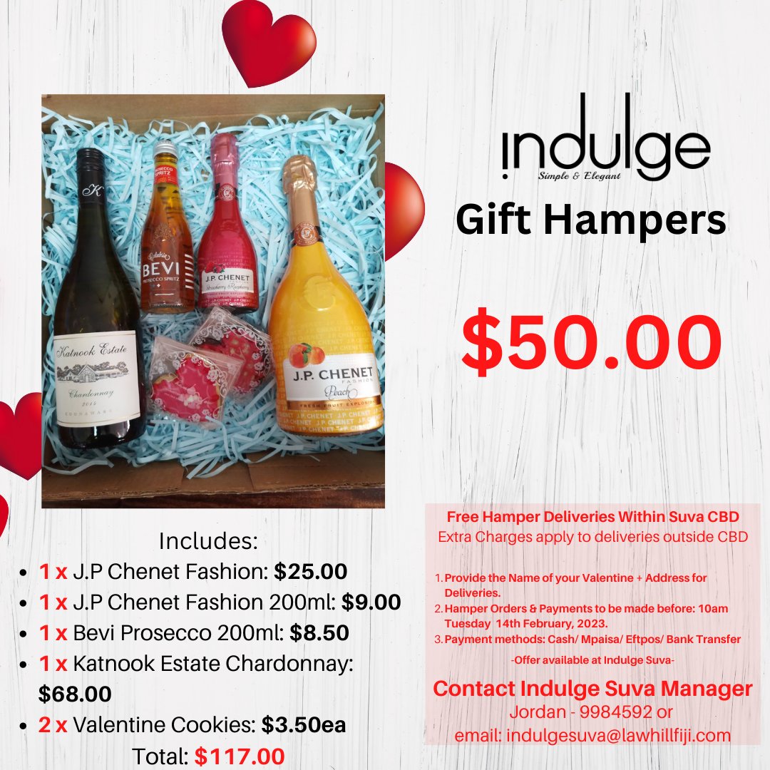 FijiIndulge's tweet photo. Fall in love with our Valentine's Day Gift Hampers! Order now for a special surprise for your loved one. ❤️💐🎁💝💖🎉🚚📦🔜
Hamper prices range from $35vip.
*Conditions apply
 #WineAndLove #IndulgeFiji #wineshop #winelover #indulge #Gifts #valentinesday #feelthelove #gifthamper https://t.co/MXExZLUUhX