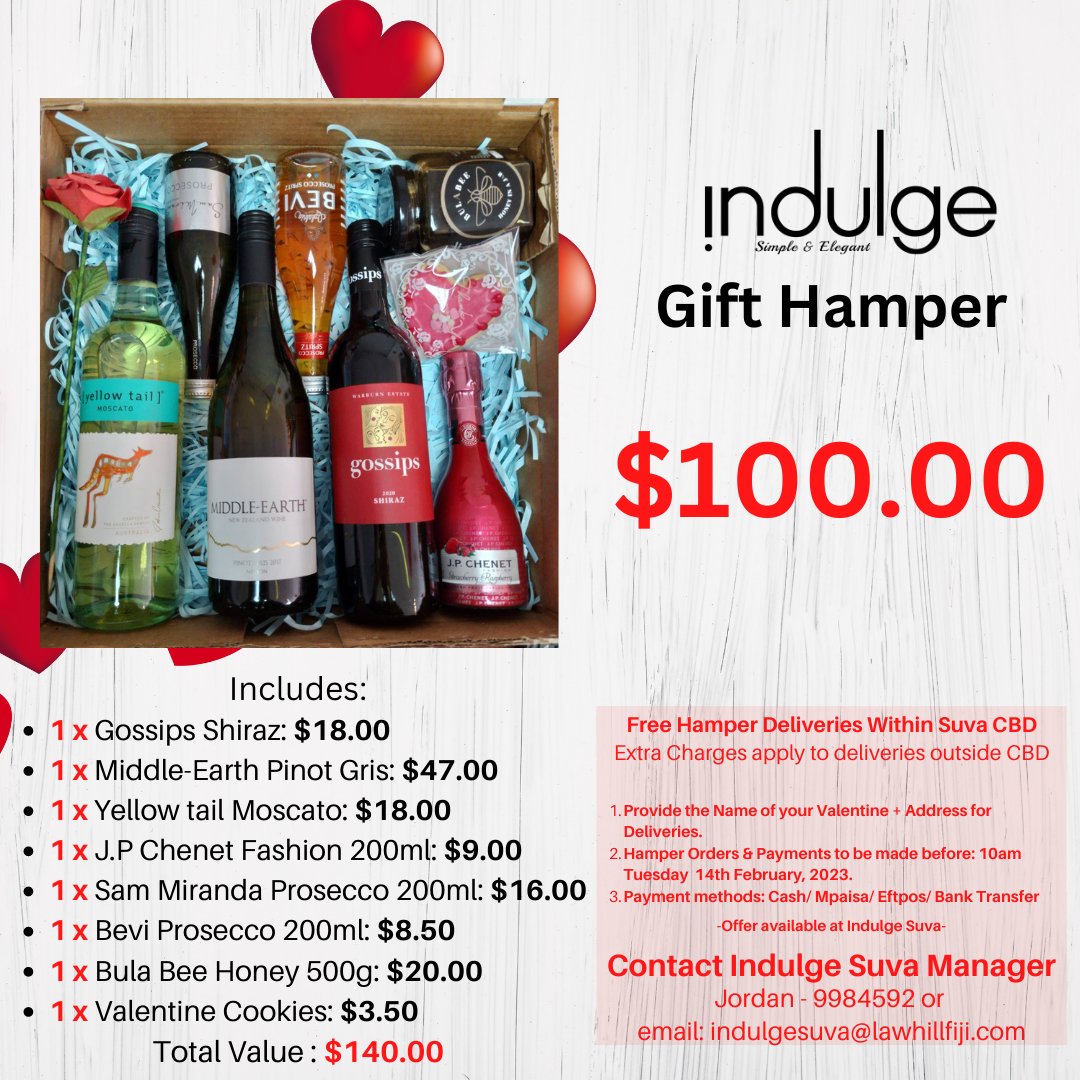 FijiIndulge's tweet photo. Fall in love with our Valentine's Day Gift Hampers! Order now for a special surprise for your loved one. ❤️💐🎁💝💖🎉🚚📦🔜
Hamper prices range from $35vip.
*Conditions apply
 #WineAndLove #IndulgeFiji #wineshop #winelover #indulge #Gifts #valentinesday #feelthelove #gifthamper https://t.co/MXExZLUUhX