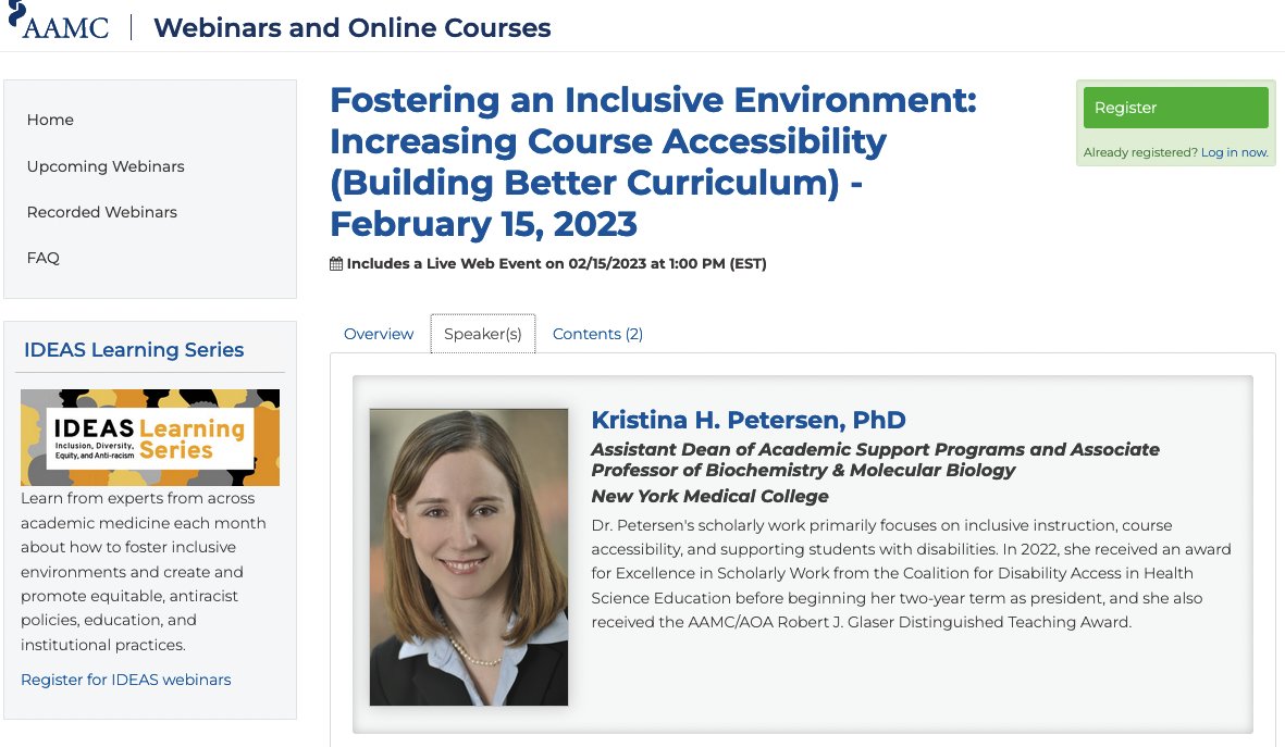 Excited to host a webinar for AAMC's Building Better Curriculum series: Fostering an Inclusive Environment: Increasing Course Accessibility - Feb 15, 2023, 1-2pm Eastern. We will discuss practical strategies to increase accessibility in medical education!

aamc.elevate.commpartners.com/p/230215_curri…