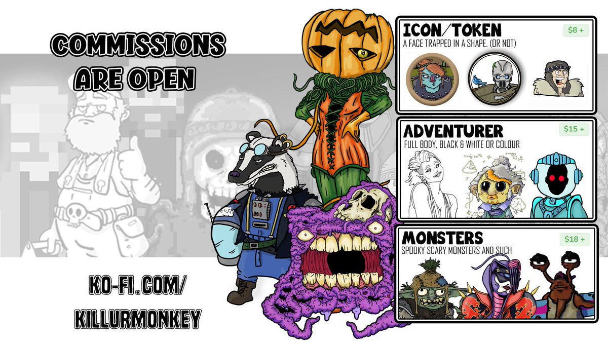 2023 needed a new pinned commission image. that I definitely haven't tried to post 3 times already. 
ko-fi.com/killurmonkey
