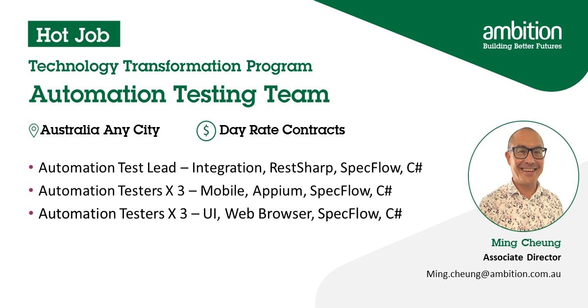 Hot off the press! Our client is hiring a team of #automation #TESTING experts to help with their ongoing transformation program. Reach out: ming.cheung@ambition.com.au #melbournejobs #Job  #automationtesting #automationtester #automationtesters #workfromhome