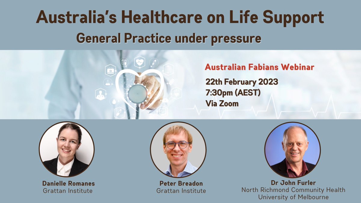 Delayed surgeries, lengthy specialist waiting lists, straining general practice, barriers to dental and allied healthcare are our new normal. 
Amazing panelists discussing Australia’s health system crisis and what can be done to address it.
Registration: fabians.org.au/australia_s_he…
